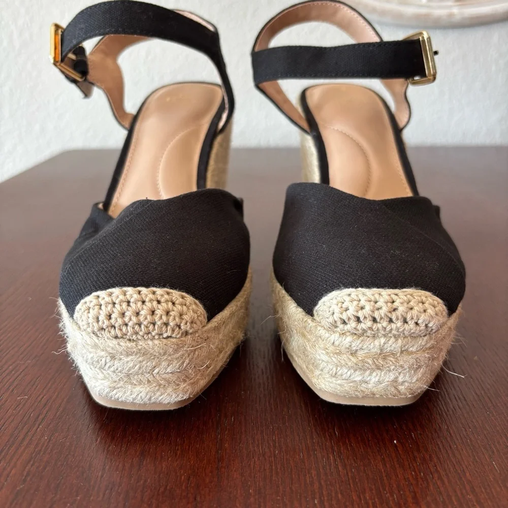 Time And Tru Women's Square Toe Black Espadrille Wedge Heels Size 8